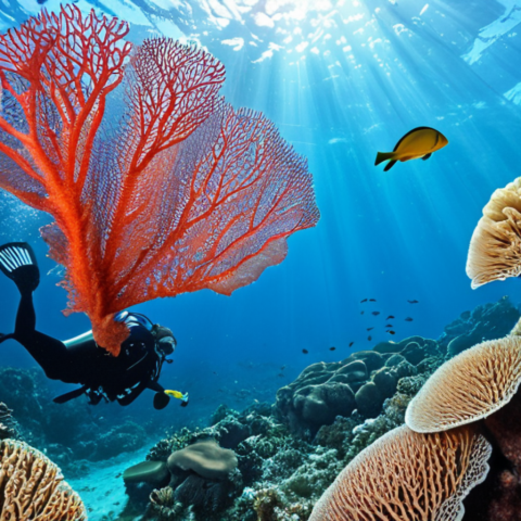 **Prompt:** Underwater scene in Brunei, vibrant coral reef teeming with colorful fish, excellent visibility, diver exploring a giant gorgonian sea fan, sunny, clear water, tropical.