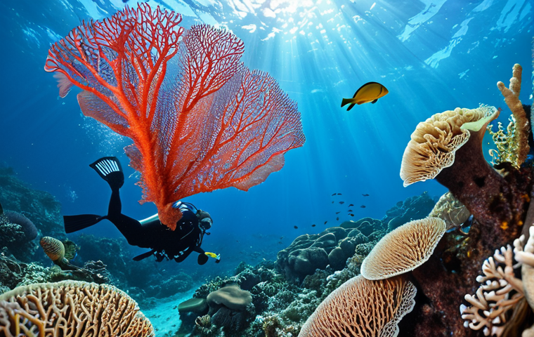 **Prompt:** Underwater scene in Brunei, vibrant coral reef teeming with colorful fish, excellent visibility, diver exploring a giant gorgonian sea fan, sunny, clear water, tropical.