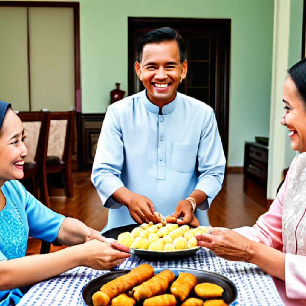 A multi-generational Bruneian family, fully clothed in elegant, modest traditional Baju Kurung and Baju Melayu attire, celebrating Eid in a beautifully decorated traditional Bruneian home. They are gathered around a table filled with an array of colorful, traditional Bruneian sweets and dishes like Kuih Lapis. The atmosphere is joyful and peaceful, showing warm interactions and community spirit. The lighting is soft and inviting. Perfect anatomy, correct proportions, natural pose, well-formed hands, proper finger count. safe for work, appropriate content, modest, family-friendly, professional photography, high quality.