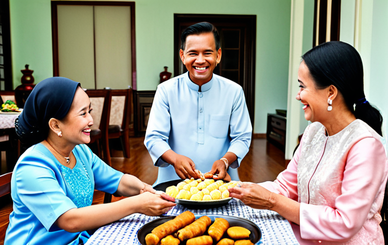 A multi-generational Bruneian family, fully clothed in elegant, modest traditional Baju Kurung and Baju Melayu attire, celebrating Eid in a beautifully decorated traditional Bruneian home. They are gathered around a table filled with an array of colorful, traditional Bruneian sweets and dishes like Kuih Lapis. The atmosphere is joyful and peaceful, showing warm interactions and community spirit. The lighting is soft and inviting. Perfect anatomy, correct proportions, natural pose, well-formed hands, proper finger count. safe for work, appropriate content, modest, family-friendly, professional photography, high quality.