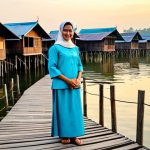 A serene morning scene in Kampong Ayer, Brunei. A local resident, appearing to be a woman in her 30s-40s, dressed in a traditional, fully clothed, modest baju kurung, stands gracefully on a weathered wooden walkway. In the background, the intricate network of stilt houses stretches across the calm water, reflecting the soft, warm glow of the rising sun. The scene is tranquil and evokes a sense of peaceful daily life. The architecture showcases the unique wooden structures and interconnected bridges of the water village. Perfect anatomy, correct proportions, natural pose, well-formed hands, proper finger count, natural body proportions, professional photography, high quality, safe for work, appropriate content, fully clothed, family-friendly.