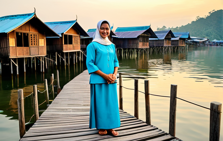 A serene morning scene in Kampong Ayer, Brunei. A local resident, appearing to be a woman in her 30s-40s, dressed in a traditional, fully clothed, modest baju kurung, stands gracefully on a weathered wooden walkway. In the background, the intricate network of stilt houses stretches across the calm water, reflecting the soft, warm glow of the rising sun. The scene is tranquil and evokes a sense of peaceful daily life. The architecture showcases the unique wooden structures and interconnected bridges of the water village. Perfect anatomy, correct proportions, natural pose, well-formed hands, proper finger count, natural body proportions, professional photography, high quality, safe for work, appropriate content, fully clothed, family-friendly.