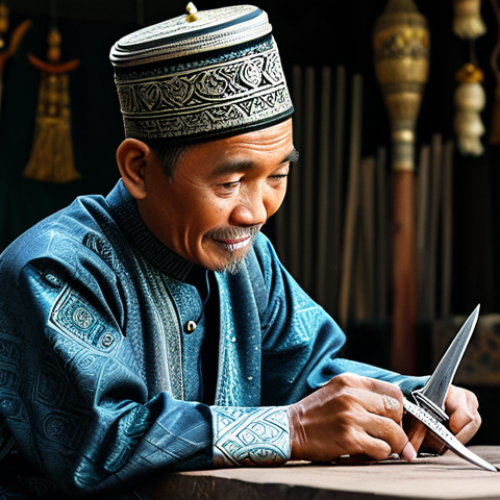 Traditional Bruneian Craftsmanship**

"A Bruneian artisan, fully clothed in traditional *baju melayu*, meticulously crafting a silver *kris* (dagger) in a workshop filled with ornate tools; safe for work, appropriate content, family-friendly, professional photography, perfect anatomy, correct proportions, well-lit, showcasing the intricate details of the craft. The scene should evoke the rich cultural heritage and skilled artistry of Brunei. Modest attire."

**