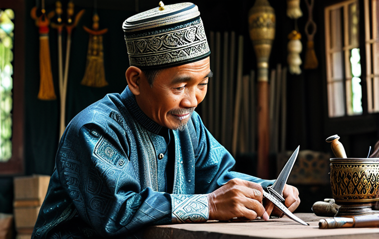 Traditional Bruneian Craftsmanship**

"A Bruneian artisan, fully clothed in traditional *baju melayu*, meticulously crafting a silver *kris* (dagger) in a workshop filled with ornate tools; safe for work, appropriate content, family-friendly, professional photography, perfect anatomy, correct proportions, well-lit, showcasing the intricate details of the craft. The scene should evoke the rich cultural heritage and skilled artistry of Brunei. Modest attire."

**
