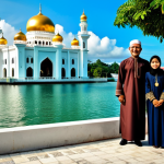 **

A Bruneian family, fully clothed in modest traditional attire, visiting the Omar Ali Saifuddien Mosque in Bandar Seri Begawan. The background shows the mosque's golden dome and surrounding lagoon.  Appropriate content, safe for work, family-friendly, perfect anatomy, correct proportions, natural pose, professional photography, high quality.

**
