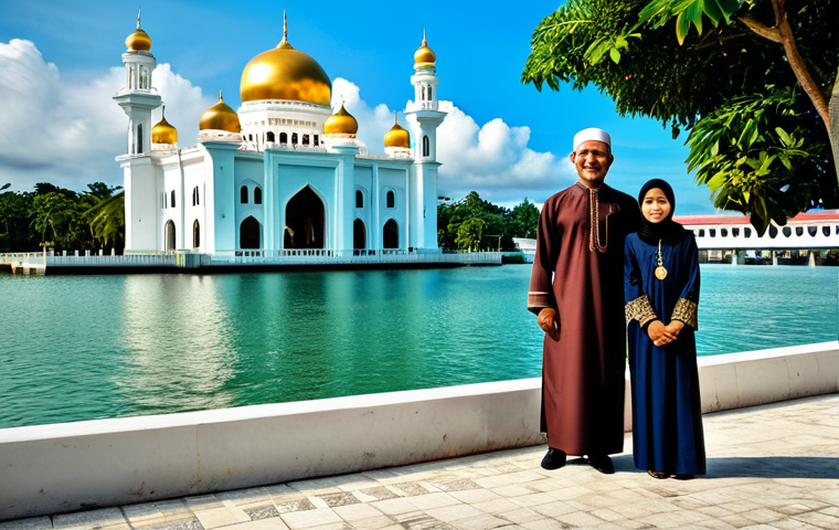 **
A Bruneian family, fully clothed in modest traditional attire, visiting the Omar Ali Saifuddien Mosque in Bandar Seri Begawan. The background shows the mosque's golden dome and surrounding lagoon. Appropriate content, safe for work, family-friendly, perfect anatomy, correct proportions, natural pose, professional photography, high quality.
**