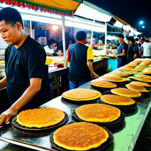 Culinary Delights**

"A bustling scene at Gadong Night Market in Brunei, showcasing local food stalls. Focus on a vendor selling "Keraypang" (crispy pancakes with coconut filling). Include various other Brunei delicacies in the background. People are fully clothed in modest, respectful attire. Safe for work, appropriate content, family-friendly, professional photography, perfect anatomy, natural proportions, high quality."

**