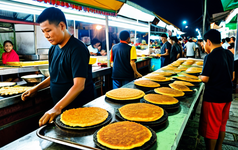 Culinary Delights**
"A bustling scene at Gadong Night Market in Brunei, showcasing local food stalls. Focus on a vendor selling "Keraypang" (crispy pancakes with coconut filling). Include various other Brunei delicacies in the background. People are fully clothed in modest, respectful attire. Safe for work, appropriate content, family-friendly, professional photography, perfect anatomy, natural proportions, high quality."
**