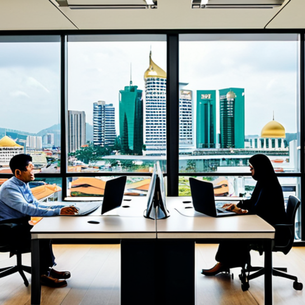 브루나이 최신 뉴스 - **Fintech in Brunei:** A modern, brightly lit office interior in Bandar Seri Begawan. A diverse team...
