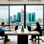 브루나이 최신 뉴스 - **Fintech in Brunei:** A modern, brightly lit office interior in Bandar Seri Begawan. A diverse team...