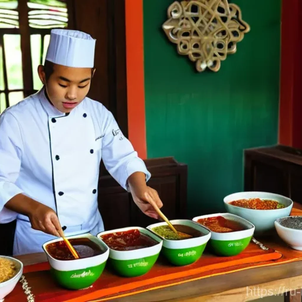 브루나이 요리 교실 - **Prompt:** A vibrant and engaging culinary class in a traditional yet modern Bruneian kitchen. A fr...