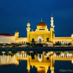 브루나이 도시 계획 - A panoramic view of Bandar Seri Begawan's skyline at golden hour, showcasing the majestic Sultan Oma...