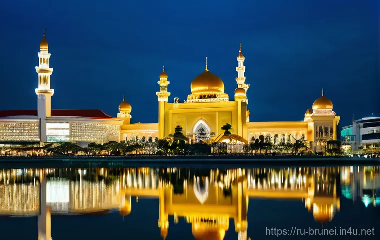 브루나이 도시 계획 - A panoramic view of Bandar Seri Begawan's skyline at golden hour, showcasing the majestic Sultan Oma...
