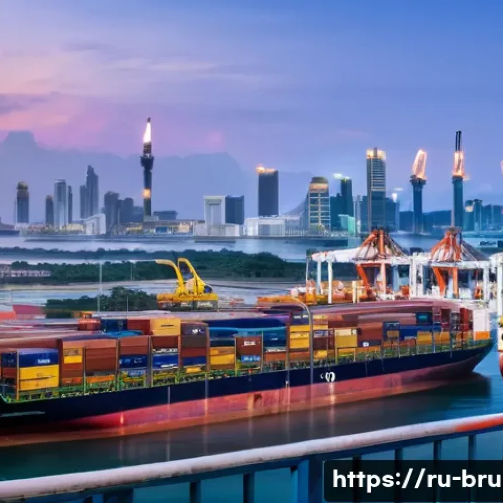 브루나이 국제 무역 협정 - **Prompt:** "A bustling port scene in Brunei Darussalam at sunrise. Oil tankers and cargo ships are ...