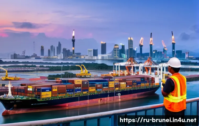 브루나이 국제 무역 협정 - **Prompt:** "A bustling port scene in Brunei Darussalam at sunrise. Oil tankers and cargo ships are ...