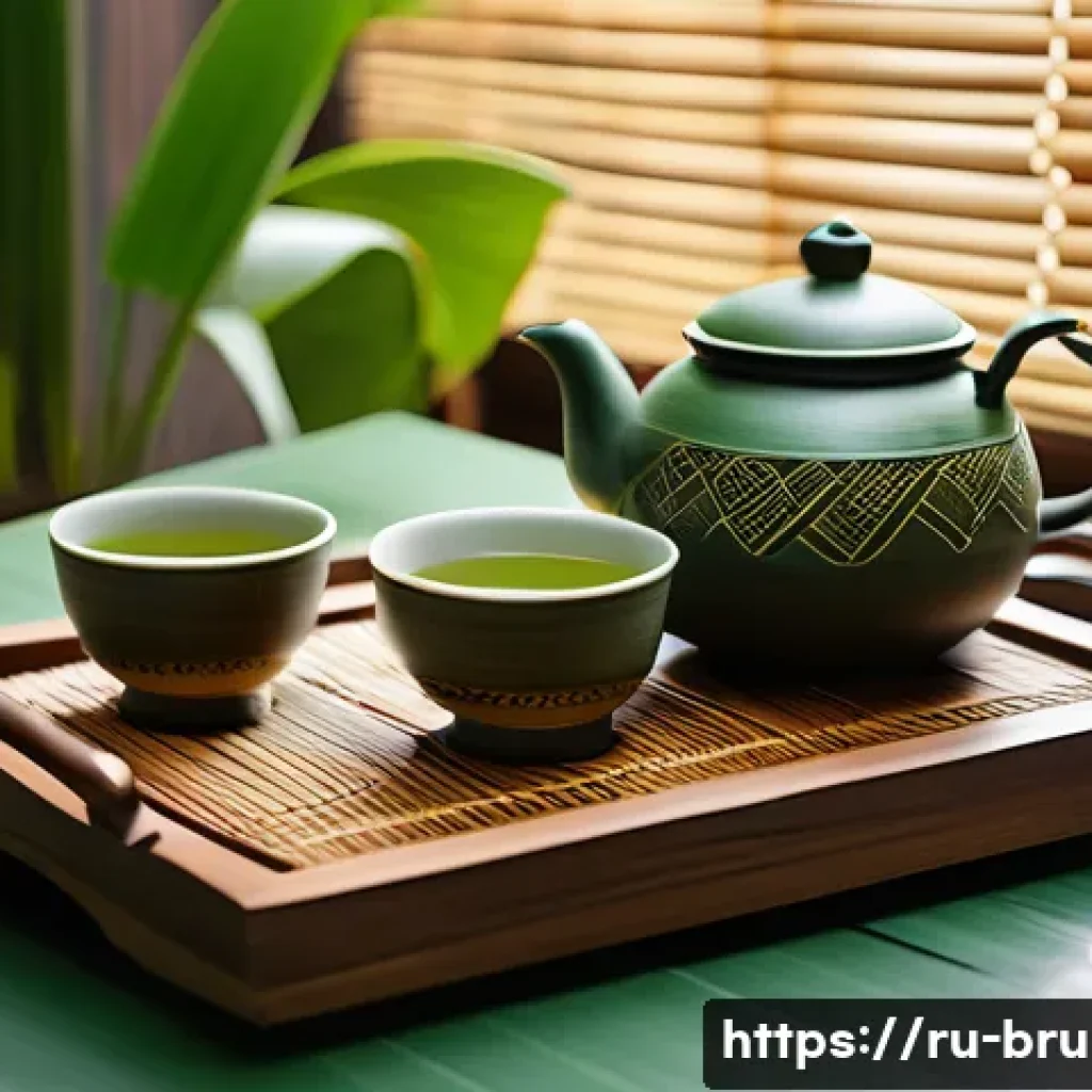 브루나이의 전통 차 문화 - A traditional Bruneian tea ceremony scene featuring a clay teapot steaming gently on a wooden tray, ...