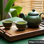 브루나이의 전통 차 문화 - A traditional Bruneian tea ceremony scene featuring a clay teapot steaming gently on a wooden tray, ...