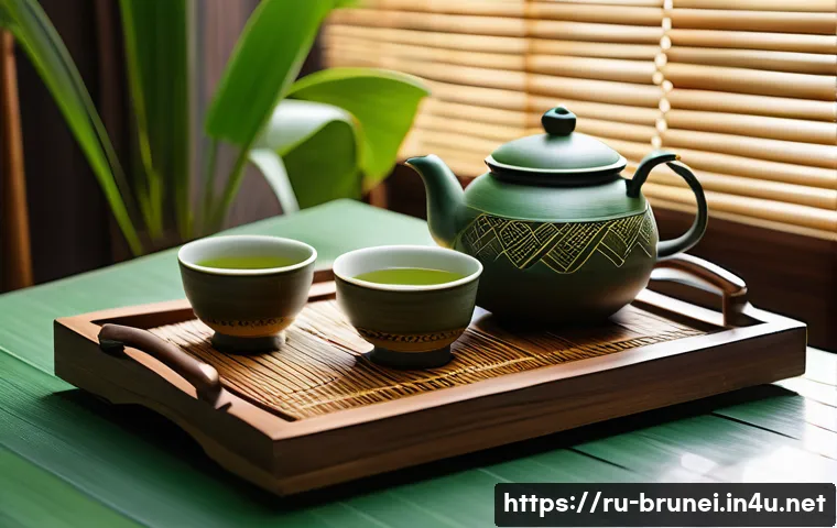 브루나이의 전통 차 문화 - A traditional Bruneian tea ceremony scene featuring a clay teapot steaming gently on a wooden tray, ...