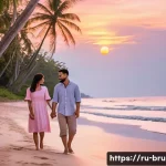 브루나이 커플 여행지 추천 - A serene, secluded tropical beach in Brunei at sunset, featuring a couple walking hand-in-hand along...