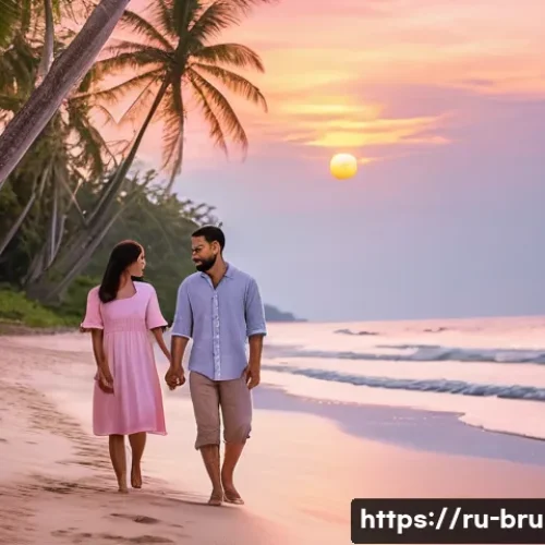 브루나이 커플 여행지 추천 - A serene, secluded tropical beach in Brunei at sunset, featuring a couple walking hand-in-hand along...