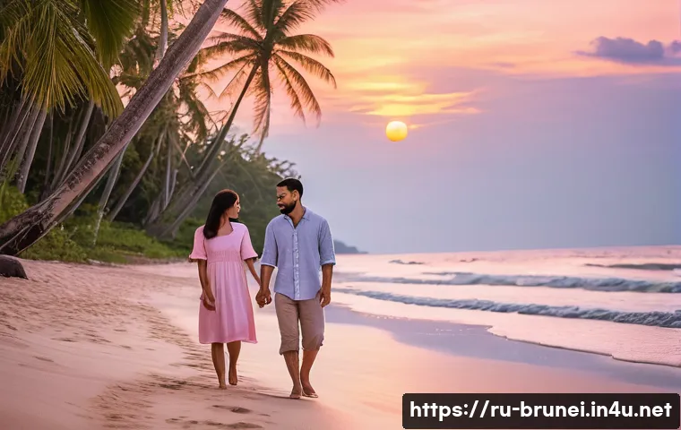브루나이 커플 여행지 추천 - A serene, secluded tropical beach in Brunei at sunset, featuring a couple walking hand-in-hand along...