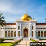 브루나이 수상 주택 체험 - A grand architectural exterior of the Brunei Prime Minister’s residence featuring traditional Islami...