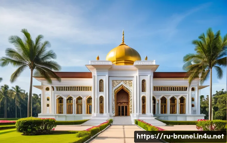 브루나이 수상 주택 체험 - A grand architectural exterior of the Brunei Prime Minister’s residence featuring traditional Islami...