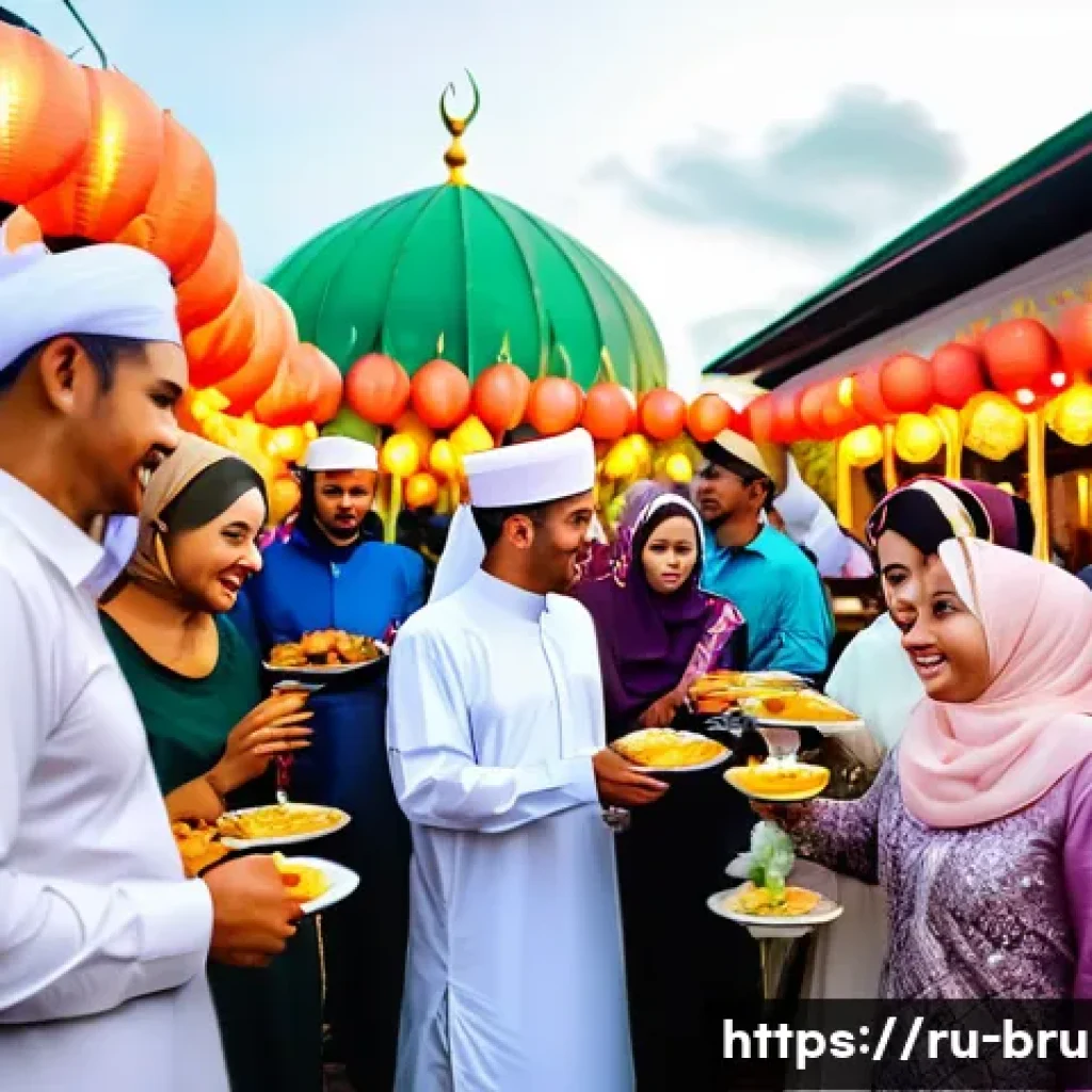 브루나이와 필리핀 문화 비교 - A vibrant street scene in Brunei during the celebration of Eid al-Fitr, showing Muslim families dres...