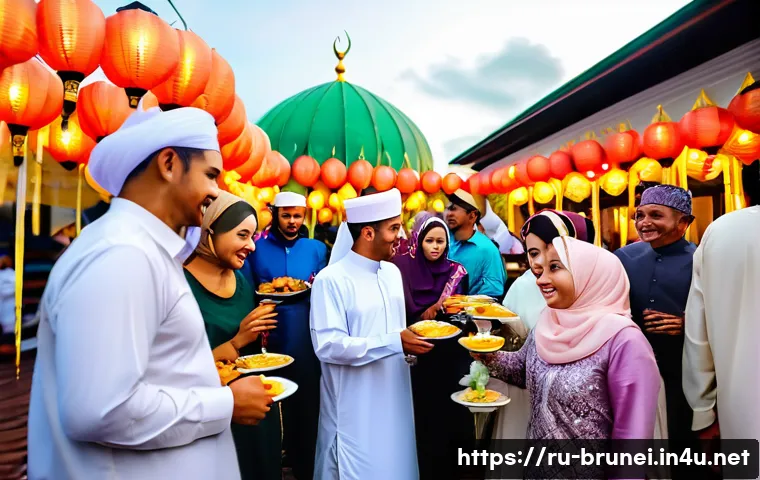 브루나이와 필리핀 문화 비교 - A vibrant street scene in Brunei during the celebration of Eid al-Fitr, showing Muslim families dres...