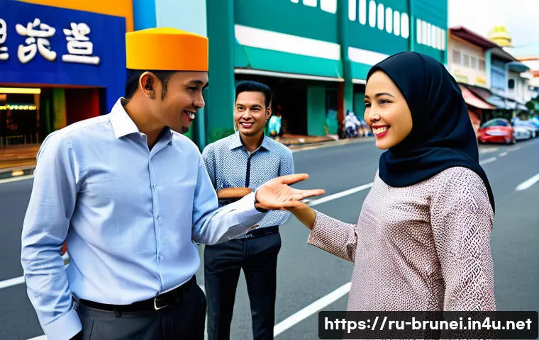 브루나이 지역별 방언 차이 - A vibrant street scene in Bandar Seri Begawan, Brunei, showcasing a diverse group of young professio...