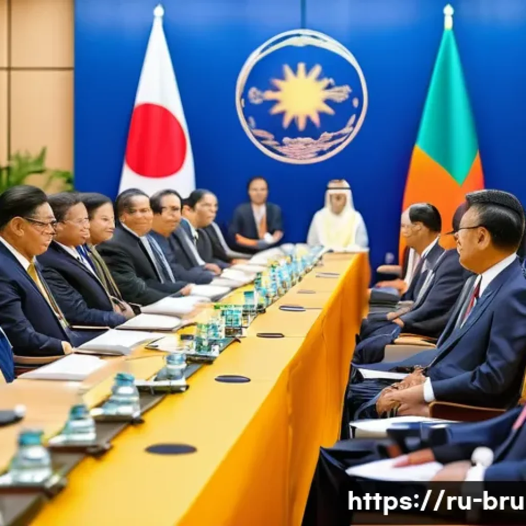 브루나이의 평화 정책 - A vibrant diplomatic summit scene featuring diverse Southeast Asian leaders including Bruneian diplo...