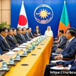 브루나이의 평화 정책 - A vibrant diplomatic summit scene featuring diverse Southeast Asian leaders including Bruneian diplo...