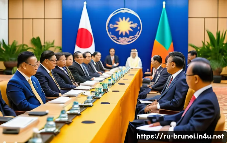 브루나이의 평화 정책 - A vibrant diplomatic summit scene featuring diverse Southeast Asian leaders including Bruneian diplo...
