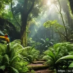 브루나이 생태 관광 - A lush, dense tropical rainforest scene in Brunei during daylight, featuring towering ancient trees ...
