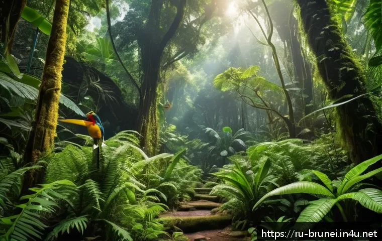 브루나이 생태 관광 - A lush, dense tropical rainforest scene in Brunei during daylight, featuring towering ancient trees ...