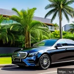 브루나이 수입 자동차 시장 - A sleek and modern Mercedes-Benz E-Class luxury sedan parked on a sunny Brunei city street, surround...