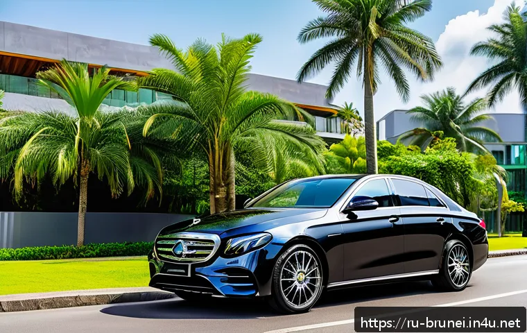 브루나이 수입 자동차 시장 - A sleek and modern Mercedes-Benz E-Class luxury sedan parked on a sunny Brunei city street, surround...
