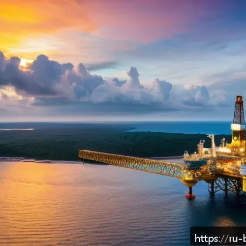 브루나이 석유 생산지 - A detailed aerial view of Brunei&rsquo;s offshore oil rigs and platforms at sunset, with calm sea waters r...