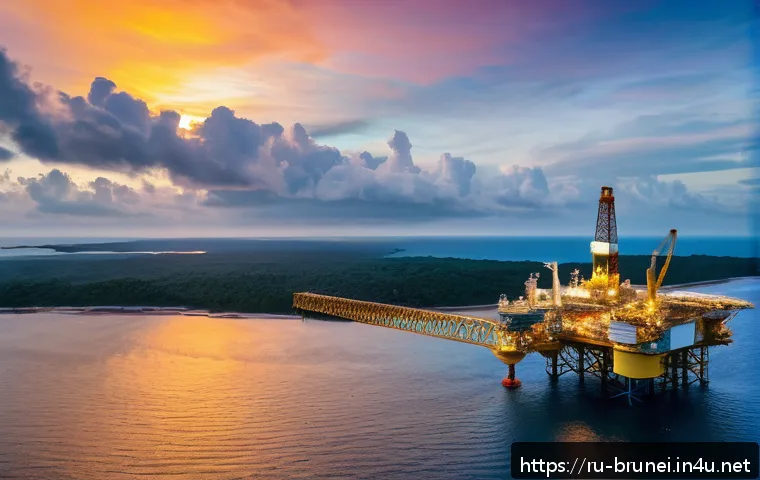 브루나이 석유 생산지 - A detailed aerial view of Brunei’s offshore oil rigs and platforms at sunset, with calm sea waters r...