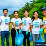 브루나이 지역사회 봉사 활동 - A diverse group of volunteers in Brunei engaged in an outdoor environmental cleanup event at a lush ...