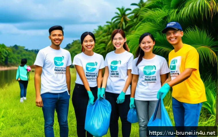 브루나이 지역사회 봉사 활동 - A diverse group of volunteers in Brunei engaged in an outdoor environmental cleanup event at a lush ...