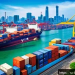 브루나이와 베트남 경제 성장 비교 - A vibrant, detailed scene of a bustling Vietnamese industrial park near a large modern port with car...