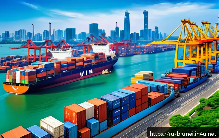 브루나이와 베트남 경제 성장 비교 - A vibrant, detailed scene of a bustling Vietnamese industrial park near a large modern port with car...